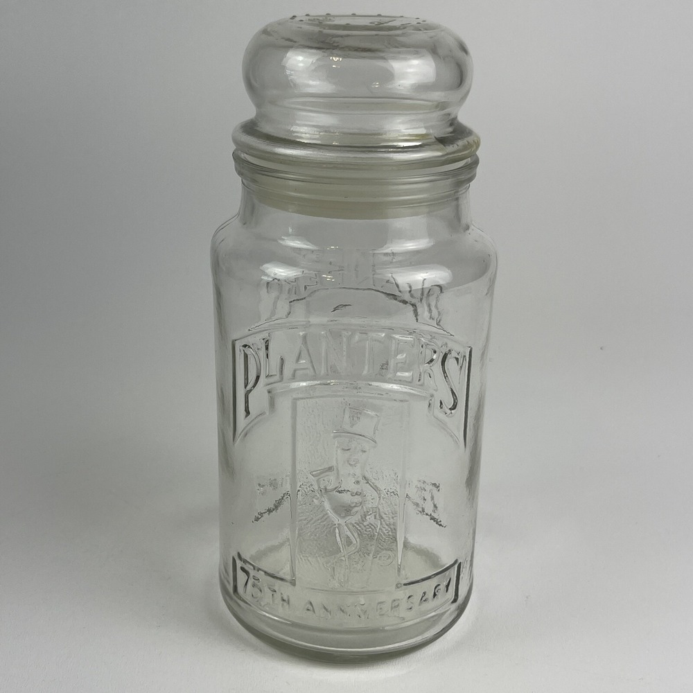 Planters Mr Peanut Glass Lidded Jar 75th Anniversary 1981 Bubble Embossed Logo.